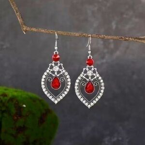 Red And White Crystal Flower Drop Earrings